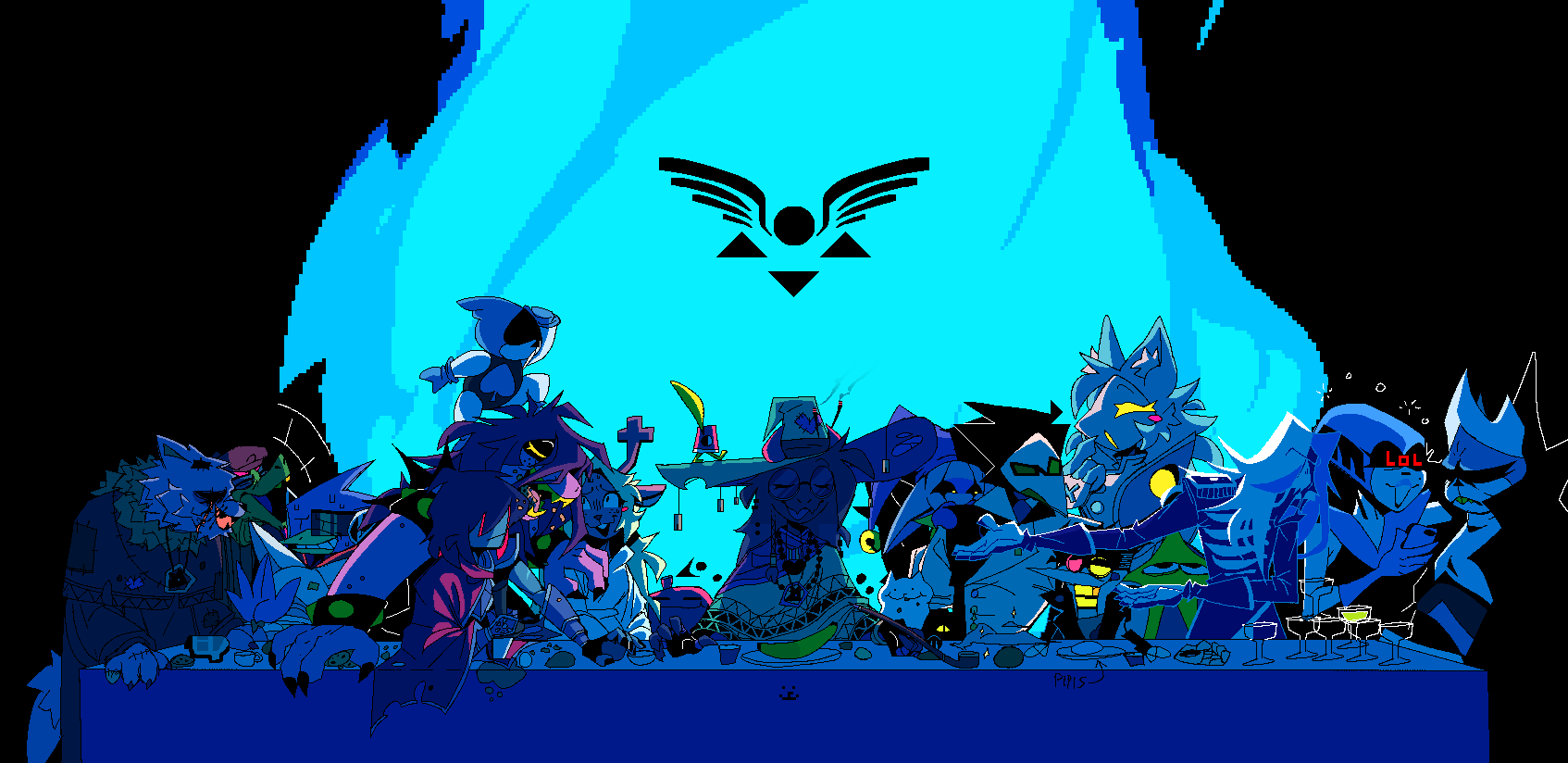 1other, 4girls, 6+boys, banana, black_background, blue_theme, cup, dark_fountain_(deltarune)