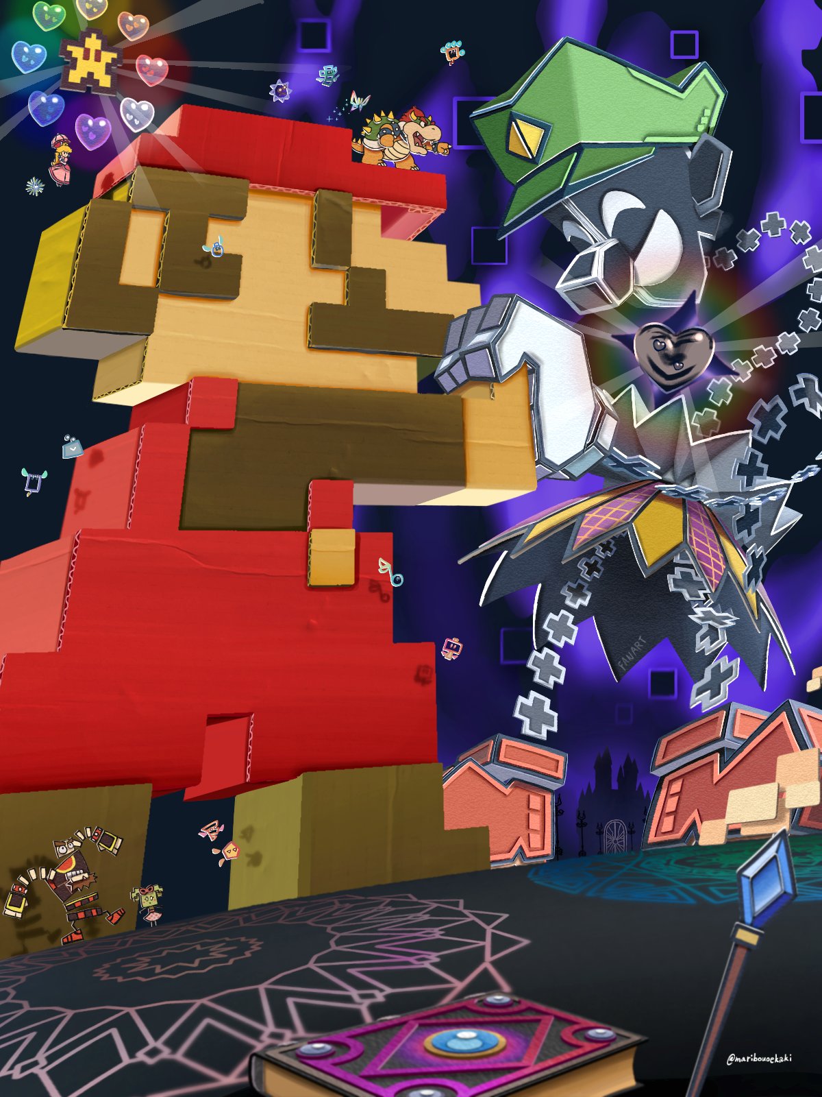 2girls, 4boys, artist_name, aura, barry_(paper_mario), battle, book, boomer_(paper_mario), bowser, brown_hair, brown_shirt, brown_shoes, bug, butterfly, carrie_(paper_mario), castle, crystal, cudge_(paper_mario), dashell, dimentio, door, dottie, dress, facial_hair, fleep, floating, flying, giant, gloves, green_hat, hat, heart, highres, holding, holding_hands, holding_umbrella, luigi, maribou_(supermaribou), mario, mimi_(paper_mario), multiple_boys, multiple_girls, mustache, neck_ruff, o'chunks, open_mouth, overalls, paper_mario, piccolo_(paper_mario), pink_dress, pointing, princess_peach, red_hat, red_overalls, sharp_teeth, shirt, shoes, short_hair, slim_(paper_mario), staff, standing, super_dimentio, super_mario_bros., super_paper_mario, super_star_(mario), surprised, teeth, thoreau, thudley, tippi_(paper_mario), twitter_username, umbrella, white_gloves