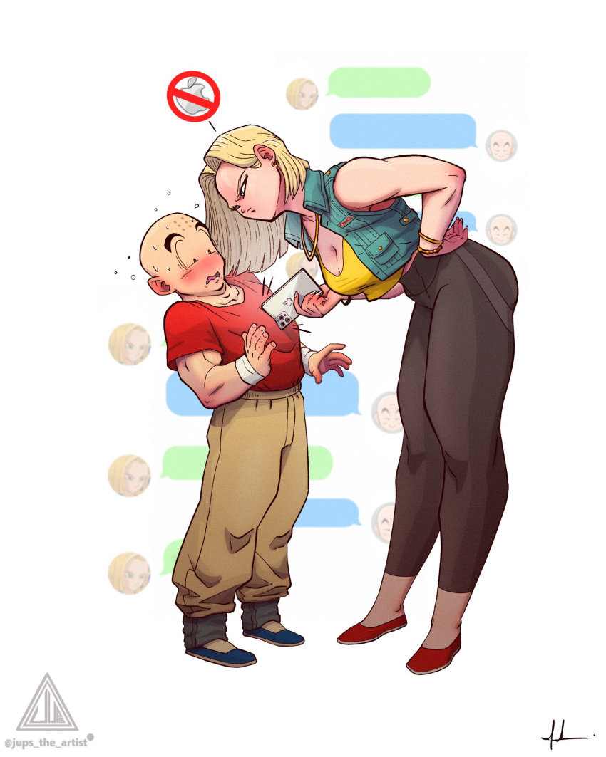 1boy, 1girl, android_18, angry, apple_inc., artist_name, bald, bent_over