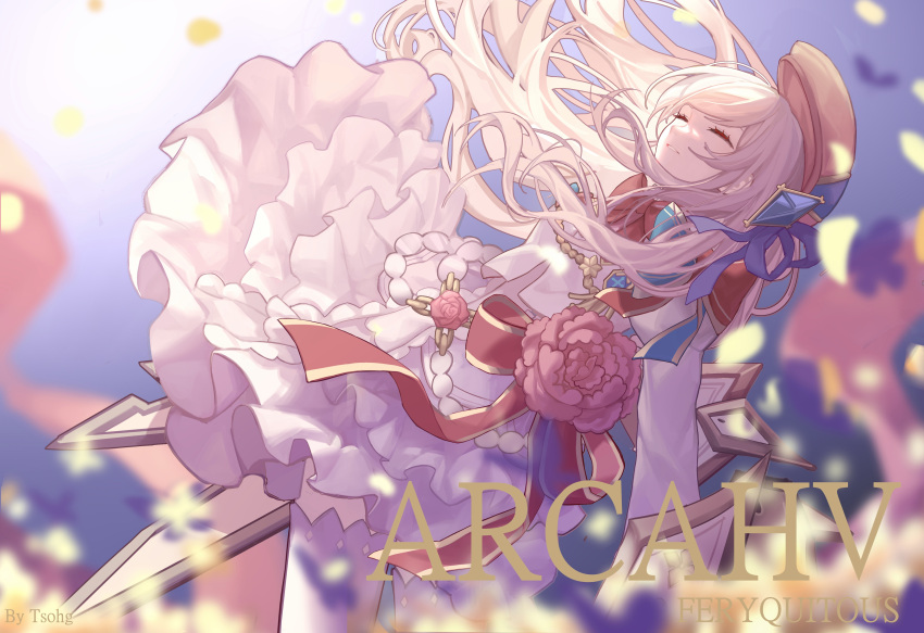 1girl, absurdres, aiguillette, arcaea, artist_name, blue_bow, blue_gemstone, bow