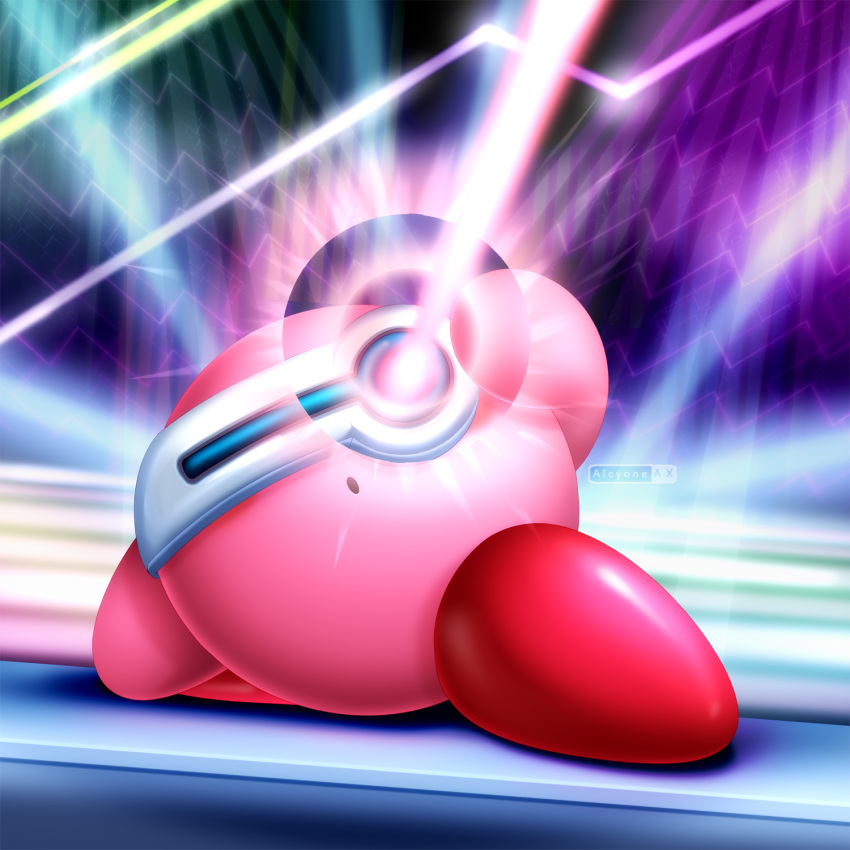 alcyoneax, artist_logo, colored_skin, commentary, copy_ability, head-mounted_display, highres, kirby, kirby_(series), laser, laser_kirby, logo, no_humans, pink_skin, solo