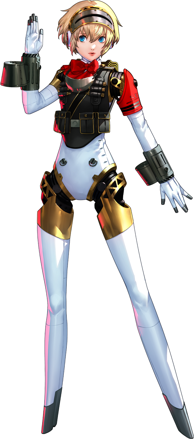 1girl, aigis_(persona), android, armband, blonde_hair, blue_eyes, bow, bowtie