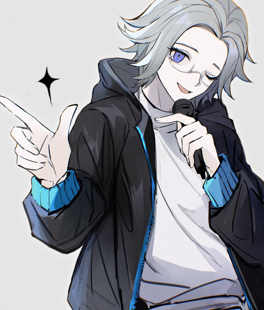 1boy, aotsuki_eito, black_jacket, chinese_commentary, finger_gun, glasses, grey_background, grey_hair, highres, holding, holding_microphone, jacket, kimfour, looking_at_viewer, male_focus, microphone, official_alternate_costume, one_eye_closed, open_clothes, open_jacket, open_mouth, shirt, short_hair, simple_background, sketch, smile, solo, sparkle, the_hundred_line_-last_defense_academy-, tower_records, upper_body, violet_eyes, white_shirt