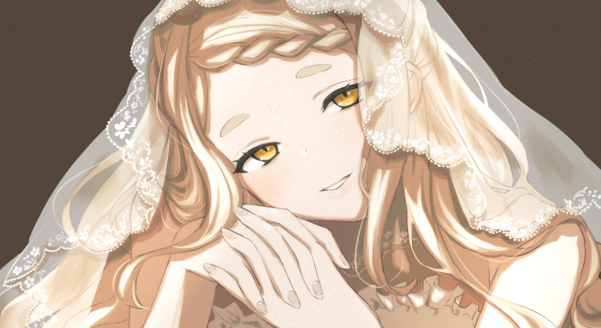 1girl, blonde_hair, braid, bridal_veil, hatake_oekaki, highres, interlocked_fingers, lace-trimmed_veil
