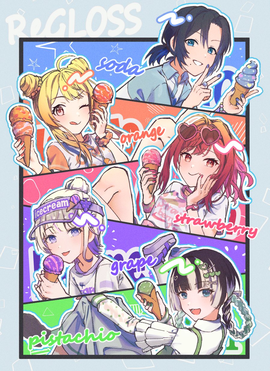 5girls, :p, ahoge, black_hair, blonde_hair, blue_eyes, blue_hair, braid