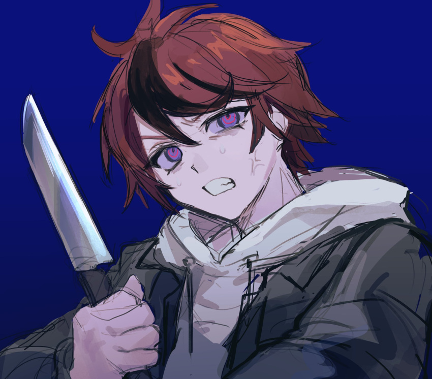 1boy, anger_vein, angry, black_jacket, black_streaks, blue_background, blue_eyes, clenched_teeth