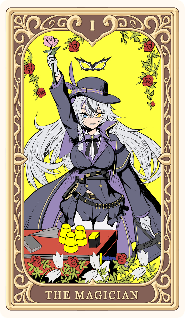 belt, blue_eyes, bow, braid, breasts, cloak, flower, gloves