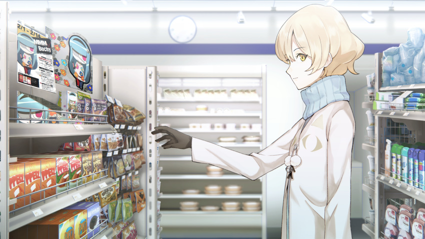 1girl, black_gloves, blonde_hair, blue_sweater, coat, fluffy_hair, from_side, game_cg