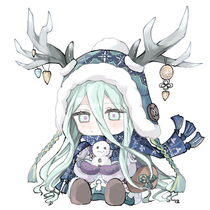 1girl, antlers, antlers_through_headwear, aqua_eyes, aqua_hair, chibi, fate/grand_order, fate_(series)