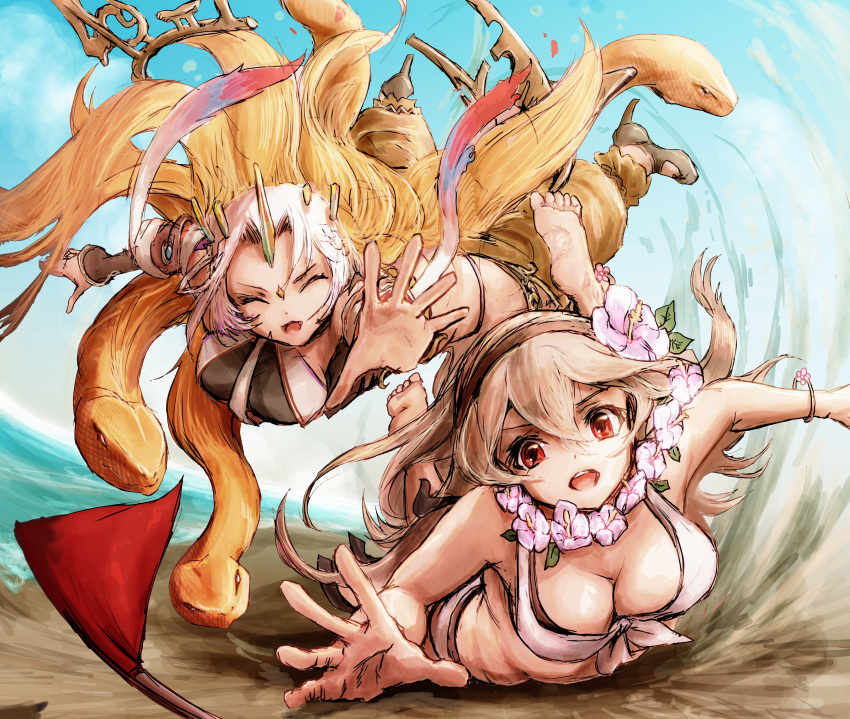 2girls, absurdres, beach, bikini, breasts, female_corrin_(fire_emblem), female_corrin_(novice_vacationer)_(fire_emblem), fire_emblem