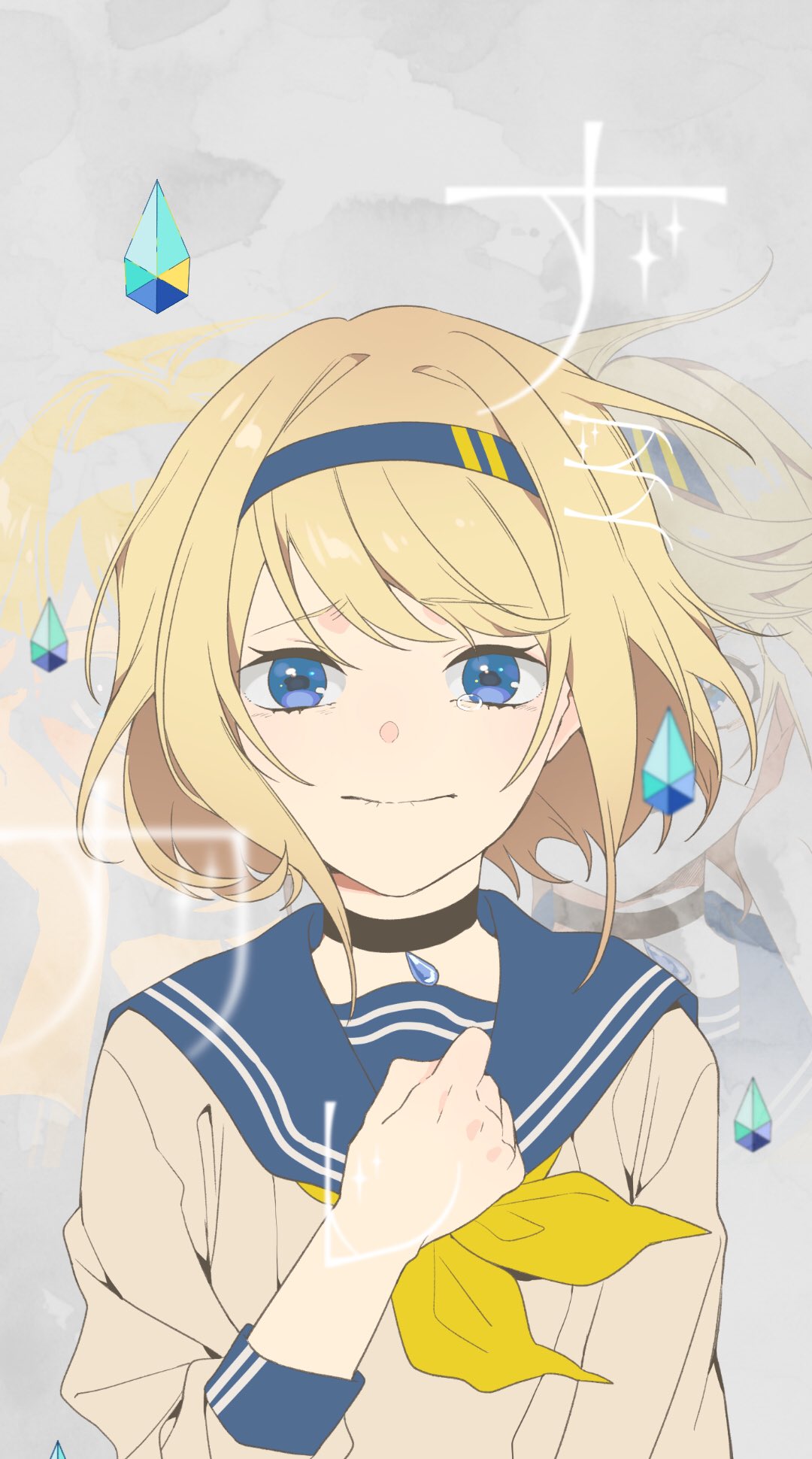 1girl, arm_up, bad_id, bad_twitter_id, biting_own_lip, black_choker, blonde_hair, blue_eyes