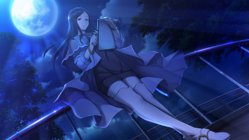 1girl, black_eyes, black_hair, blue_theme, boots, breasts, capelet, clouds