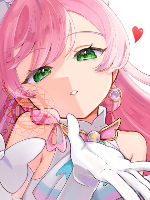 1girl, blowing_kiss, cure_prism, earrings, elbow_gloves, gem, gloves, green_eyes, half-closed_eyes, hikota., hirogaru_sky!_precure, jewelry, long_hair, looking_at_viewer, nijigaoka_mashiro, parted_lips, pink_hair, portrait, precure, purple_gemstone, solo, swept_bangs, watermark, white_background, white_gloves