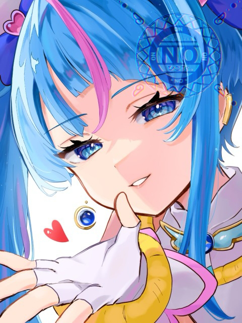 1girl, blowing_kiss, blue_eyes, blue_gemstone, blue_hair, cure_sky, fingerless_gloves, gem, gloves, hair_ornament, half-closed_eyes, heart, heart_hair_ornament, hikota., hirogaru_sky!_precure, long_hair, looking_at_viewer, multicolored_hair, parted_lips, portrait, precure, solo, sora_harewataru, streaked_hair, white_gloves