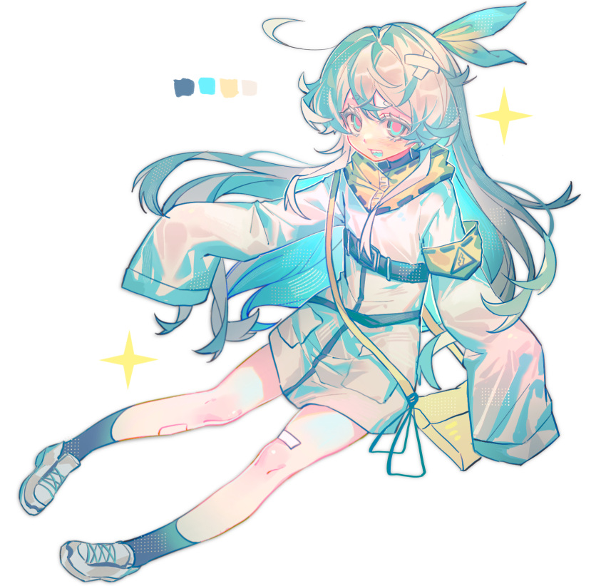 1girl, aqua_bow, aqua_eyes, aqua_hair, armband, bandaid, bandaid_on_leg, black_socks, bow, chinese_commentary, coat, color_guide, colored_inner_hair, commentary_request, full_body, grey_hair, hair_bow, highres, long_hair, long_sleeves, maoji_zhaoyong, multicolored_hair, open_mouth, original, procreate_(medium), red_pupils, shoes, sleeves_past_fingers, sleeves_past_wrists, smile, sneakers, socks, solo, sparkle, two-tone_hair, very_long_hair, white_coat, white_shoes, yellow_armband, yellow_bag