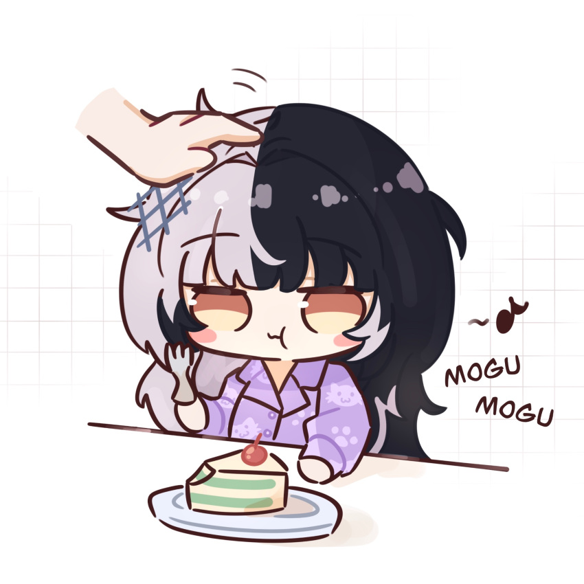 1girl, :t, animal_print, black_hair, blush_stickers, cake, cake_slice, cat_print, cheek_bulge, cherry, chibi, commentary, disembodied_hand, eating, eighth_note, english_commentary, food, fork, fruit, full_mouth, grey_hair, hair_ornament, headpat, highres, hiroavrs, holding, holding_fork, hololive, hololive_english, long_hair, long_sleeves, motion_lines, multicolored_hair, musical_note, pajamas, paw_print, plate, print_pajamas, purple_pajamas, shiori_novella, sound_effects, split-color_hair, two-tone_hair, unkempt, virtual_youtuber, yellow_eyes