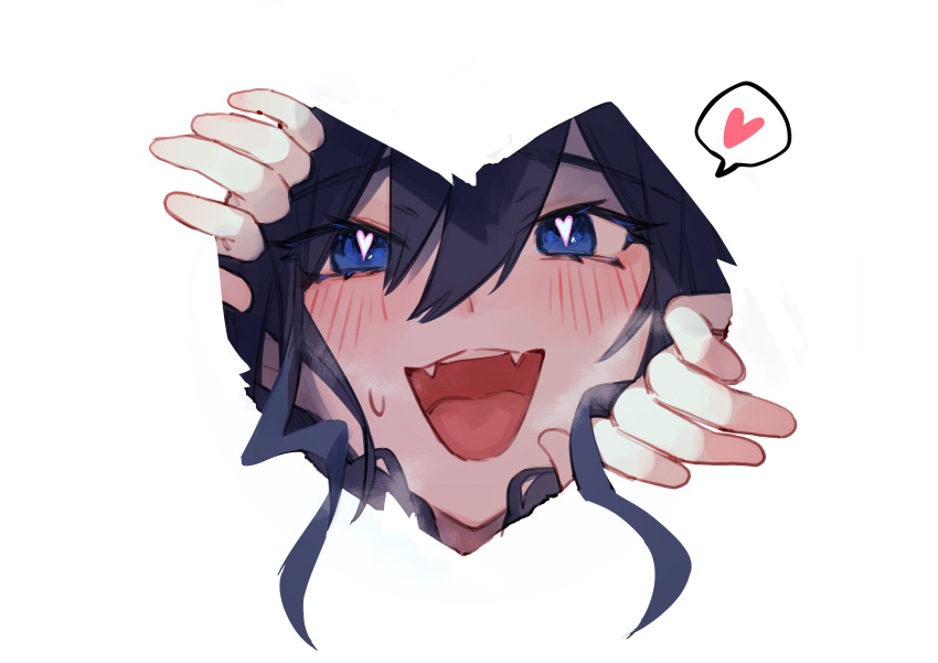 1girl, absurdres, black_hair, blue_eyes, blush, fangs, hashtag-only_commentary, heart, heart-shaped_pupils, highres, hololive, hololive_english, hunk_404, looking_at_viewer, open_mouth, ouro_kronii, solo, speech_bubble, spoken_heart, sweat, symbol-shaped_pupils, teeth, upper_teeth_only, virtual_youtuber