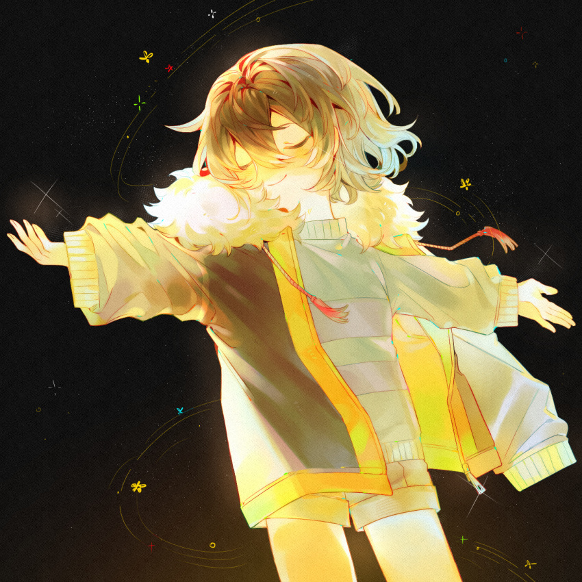 1other, absurdres, alternate_universe, androgynous, black_background, black_jacket, brown_hair, brown_shorts