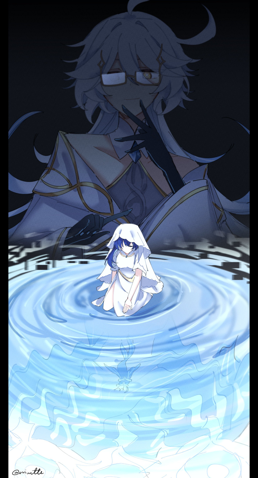 2girls, absurdres, black_gloves, blue_hair, dress, egeria_(genshin_impact), genshin_impact, glasses