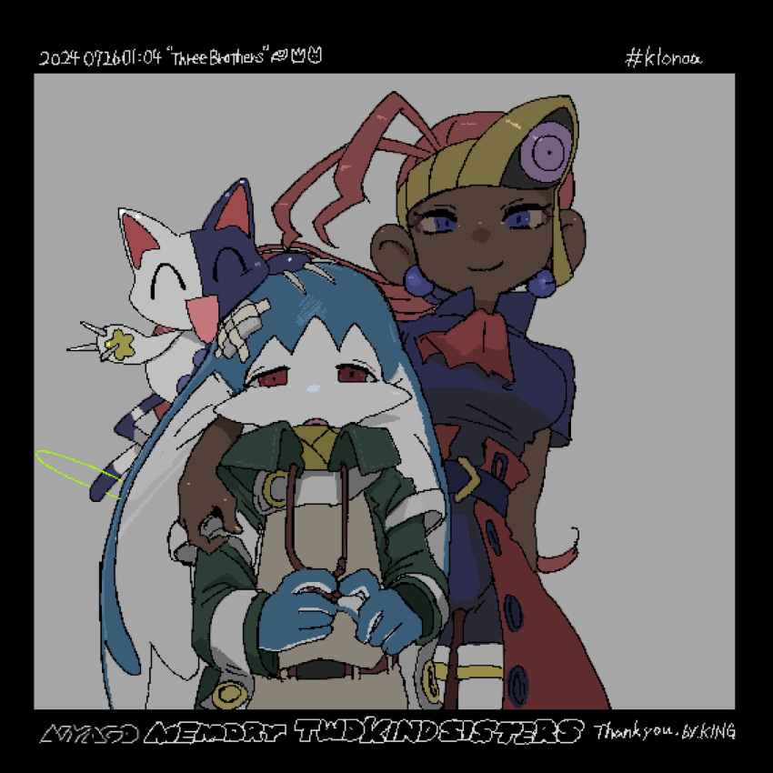 1boy, 2girls, alternate_costume, blue_fur, cat, collared_shirt, downturned_eyes, furry