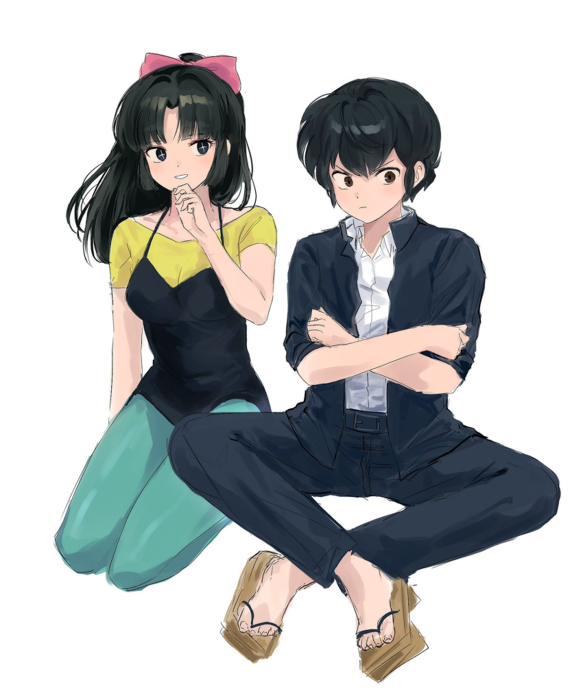 2girls, 88_77k, belt, black_hair, black_jacket, black_pants, bow, brown_eyes