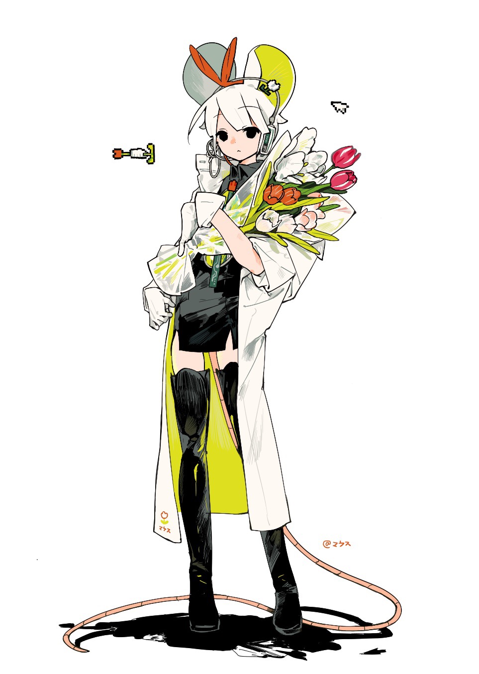 1girl, :<, animal_ears, black_boots, black_dress, black_eyes, black_gloves, boots