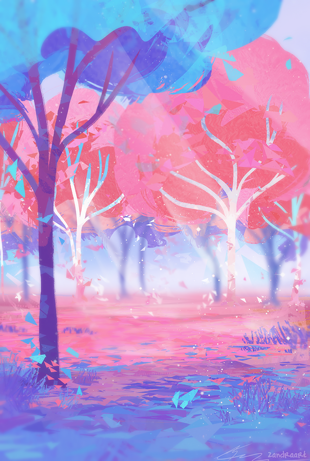 blurry, depth_of_field, falling_leaves, forest, grass, landscape, leaf, light_particles, light_rays, nature, no_humans, original, outdoors, painterly, scenery, transgender_day_of_visibility, transgender_flag, zandra