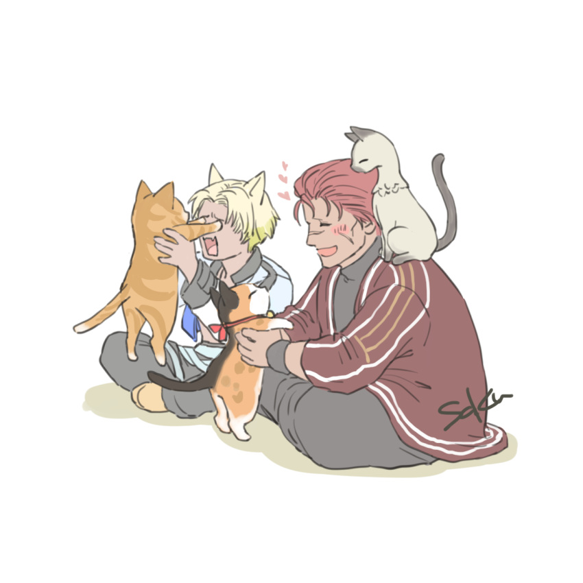 2boys, :d, animal, animal_ears, animal_on_shoulder, blonde_hair, blush, cat