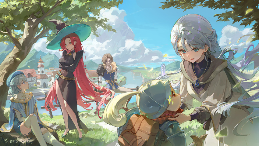 2boys, 3girls, adjusting_scarf, afk_(series), afk_journey, aqua_eyes, argyle_clothes, argyle_scarf