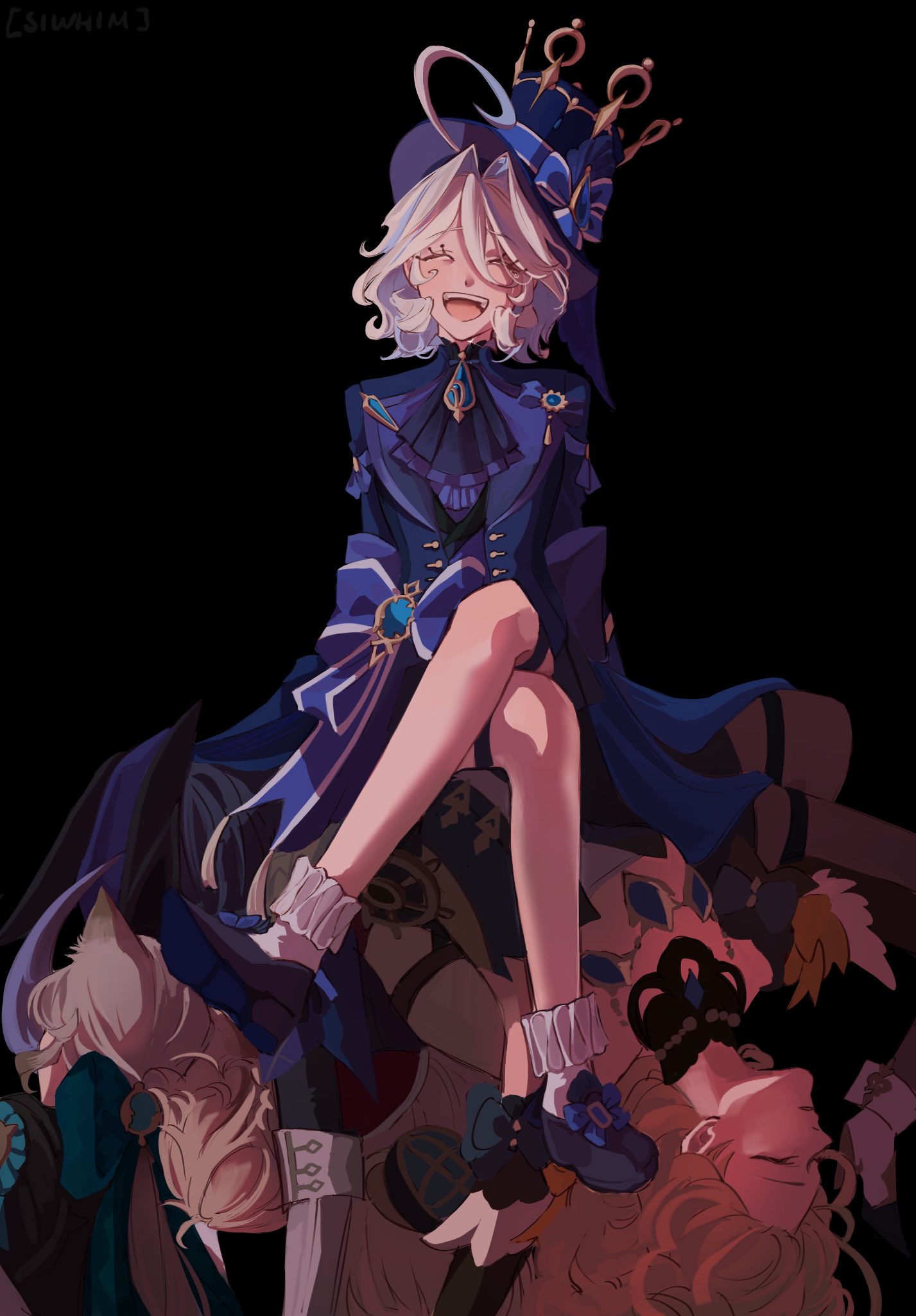 1boy, 4girls, alien_stage, animal_ears, black_background, blonde_hair, blue_hat, blue_jacket, blue_shoes, character_request, check_character, clorinde_(genshin_impact), closed_eyes, commentary, crossed_legs, derivative_work, english_commentary, freminet_(genshin_impact), furina_(genshin_impact), genshin_impact, hat, highres, jacket, long_hair, low_ponytail, lynette_(genshin_impact), multiple_girls, navia_(genshin_impact), open_mouth, pile_of_corpses, ponytail, shoes, sitting, sitting_on_person, siwhim, smile, solo_focus, top_hat