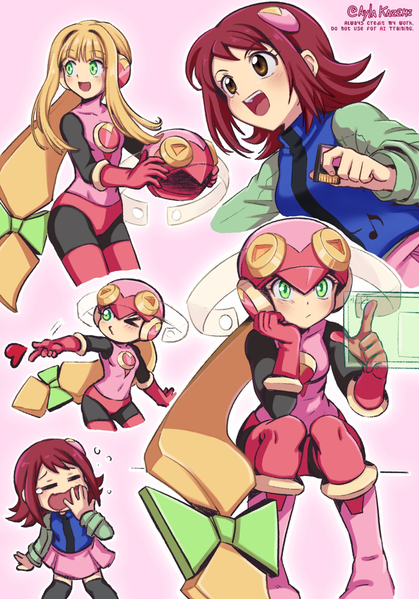 2girls, ayla_kazemi, blonde_hair, blowing_kiss, blue_vest, brown_eyes, chibi, cowboy_shot