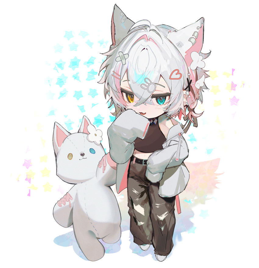 1boy, absurdres, ahoge, animal_ears, animal_hair_ornament, bandaid, bandaid_hair_ornament, blue_eyes