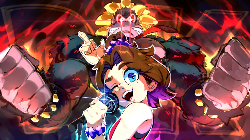 1boy, 1girl, ape, black_fur, bracelet, brown_hair, donkey_kong, donkey_kong_(series)