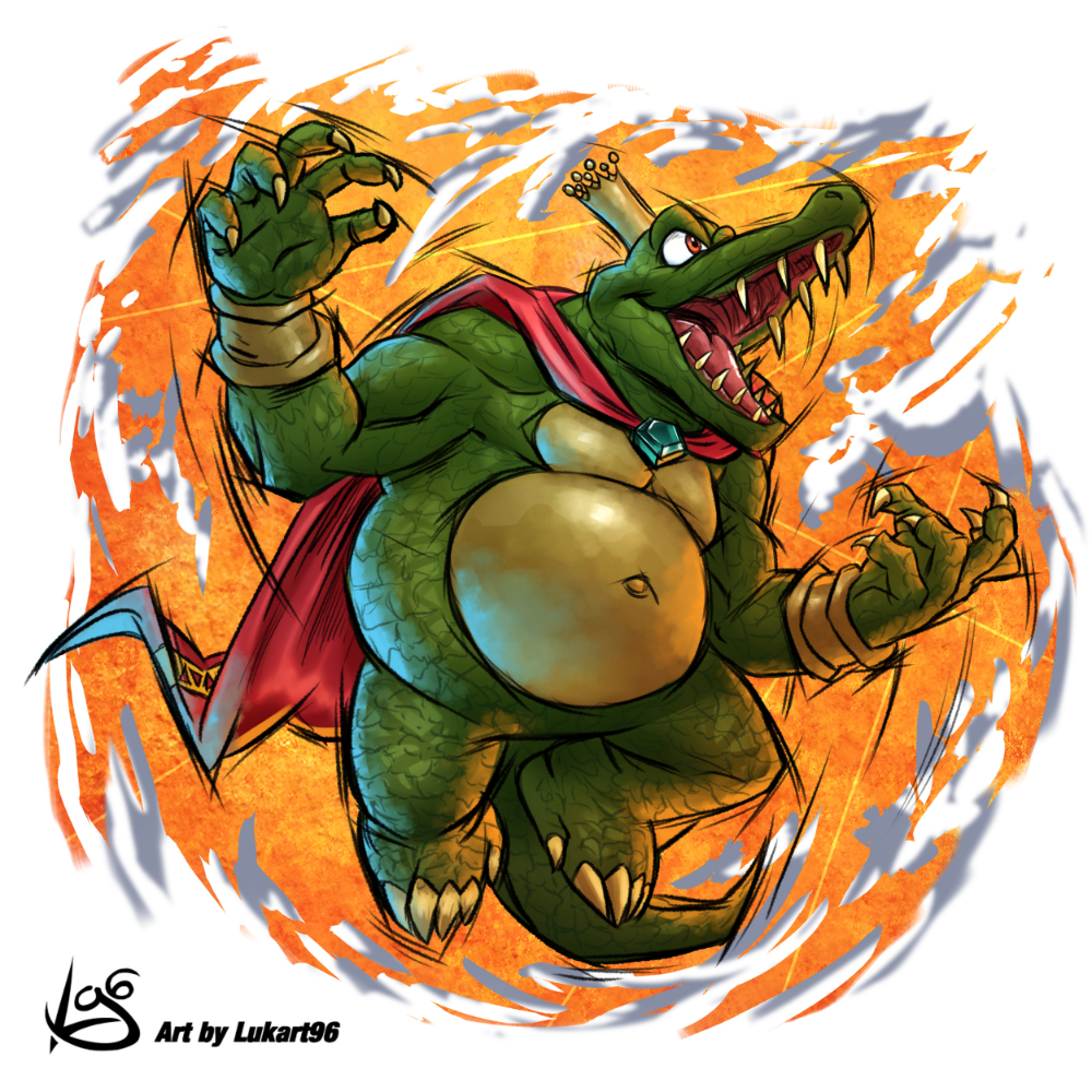 1boy, artist_name, cape, claws, colored_skin, crocodilian, crown, donkey_kong_(series)