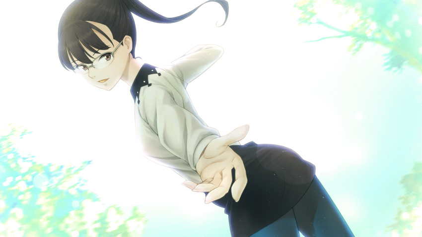 1girl, black_hair, blouse, blue_pantyhose, brown_eyes, buttons, double-breasted, dutch_angle