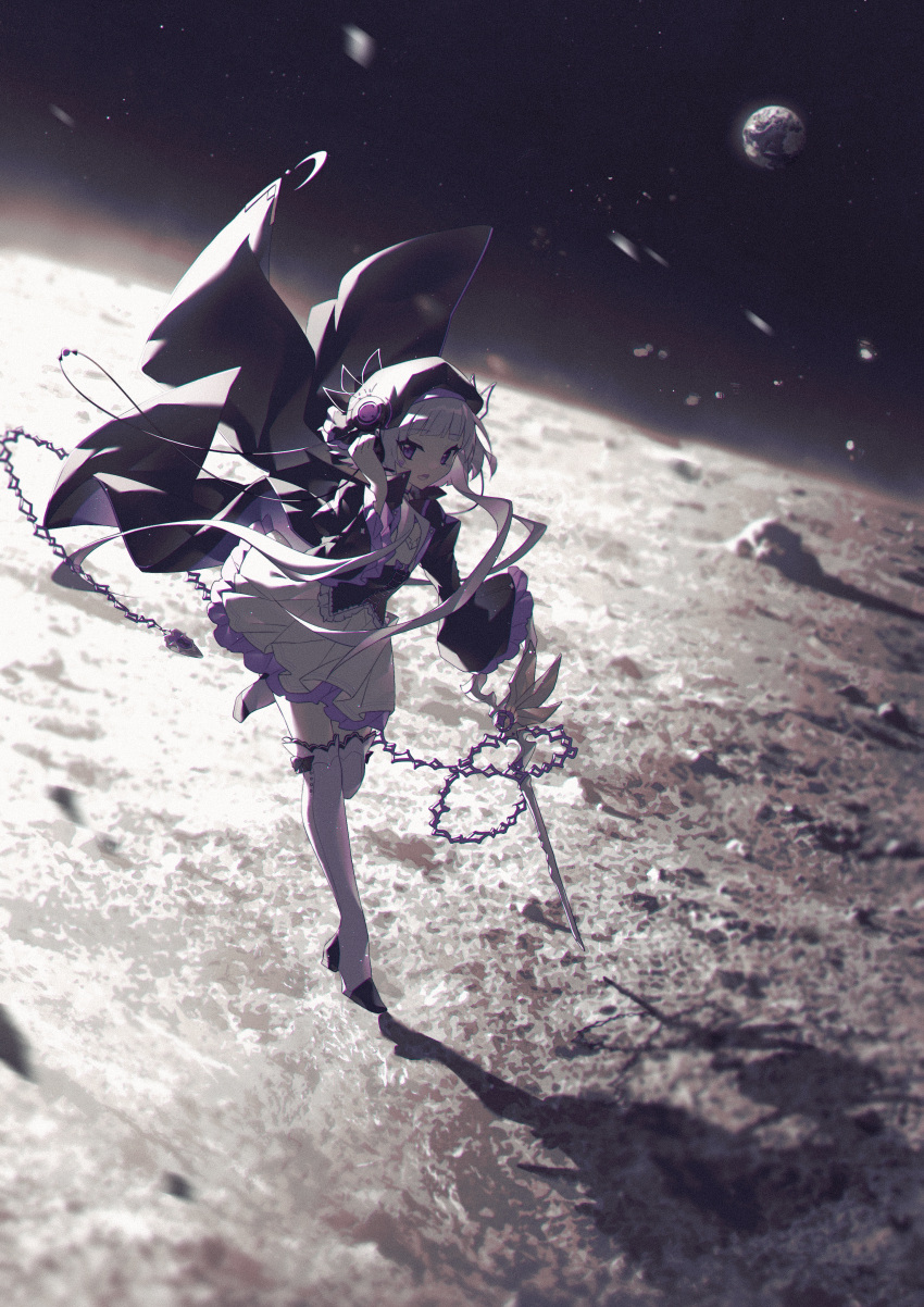 1girl, :d, absurdres, arcaea, arm_up, beret, black_cape, black_corset