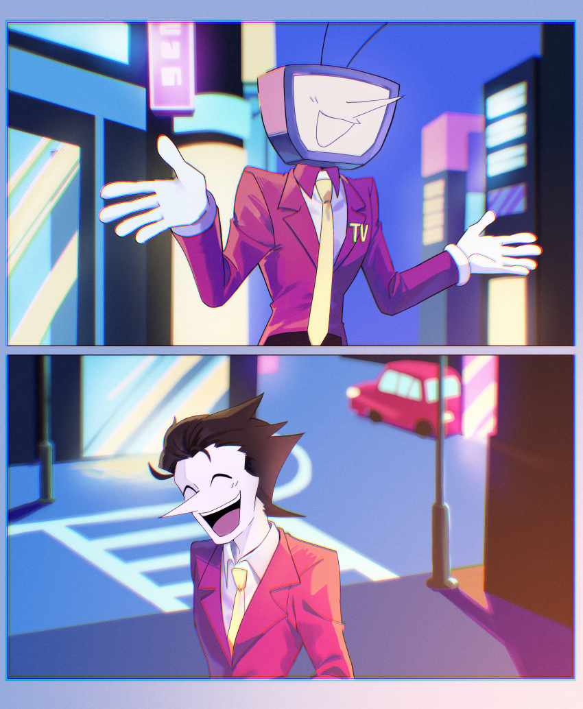 2boys, absurdres, ant_tenna, black_hair, building, car, chromatic_aberration, closed_eyes
