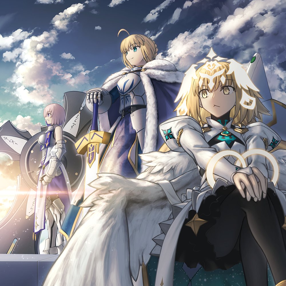 3girls, ahoge, angel_wings, armor, artoria_pendragon_(fate), black_pantyhose, blonde_hair, blue_cape