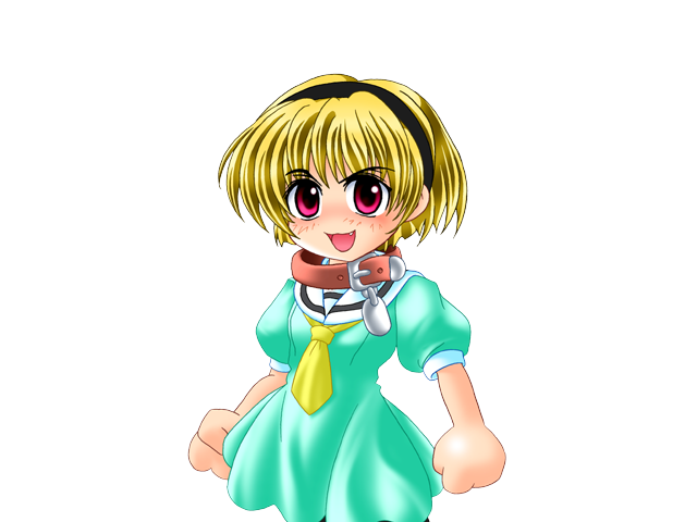 1girl, animal_collar, black_hairband, blonde_hair, collar, dress, eyes_visible_through_hair, fang