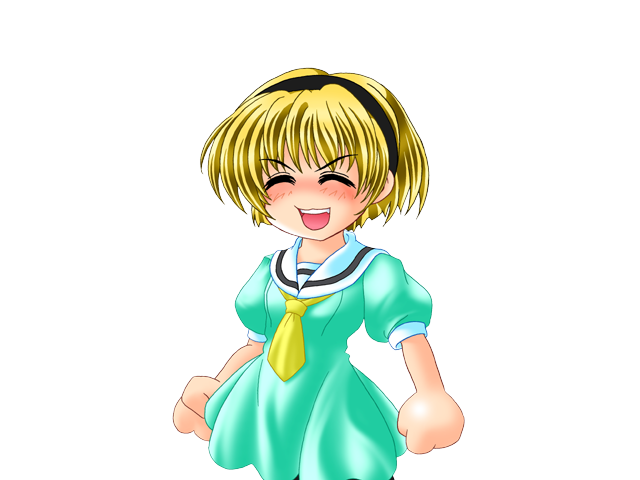 1girl, black_hairband, blonde_hair, closed_eyes, dress, eyes_visible_through_hair, fang, game_cg