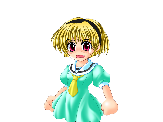 1girl, black_hairband, blonde_hair, dress, eyes_visible_through_hair, fang, game_cg, green_dress
