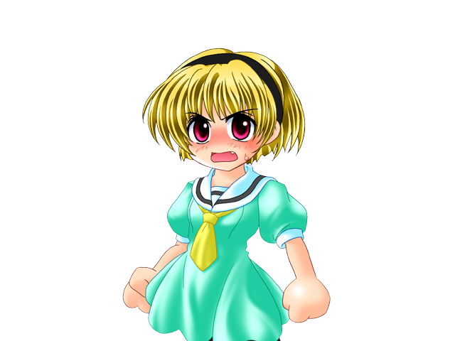 1girl, black_hairband, blonde_hair, blush, dress, embarrassed, eyes_visible_through_hair, fang