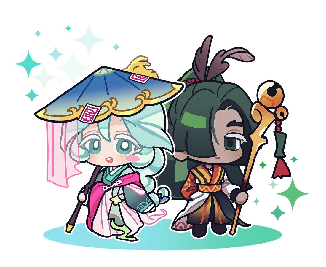 1boy, 1girl, arm_behind_back, blue_eyes, blush, braid, chibi, cookie_run, cookie_run:_ovenbreak, dark-skinned_male, dark_skin, feather_hair_ornament, feathers, gim_cookie, gim_cookie_(spiritual_banisher), green_eyes, green_hair, hair_ornament, hair_over_one_eye, hat, holding, holding_staff, humanization, kmkkuki, okchun_cookie, okchun_cookie_(misty_trail_hermit), rice_hat, single_braid, smile, staff, veil
