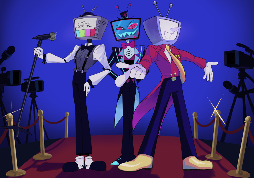 3boys, absurdres, ant_tenna, arms_behind_back, belt_buckle, black_bow, black_bowtie, black_pants
