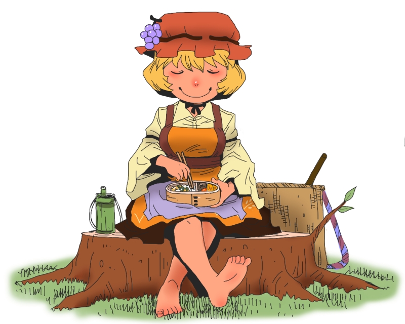 1girl, aki_minoriko, apron, bamboo_bottle, barefoot, basket, bento, blonde_hair