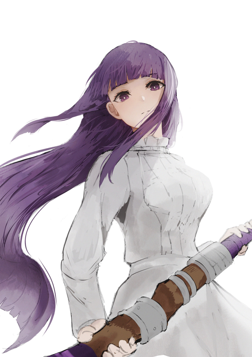 1girl, absurdres, blunt_bangs, breasts, closed_mouth, dress, earrings, fern_(sousou_no_frieren), floating, floating_hair, hazuki_kono, highres, holding, holding_staff, jewelry, long_hair, long_sleeves, looking_at_viewer, mage_staff, purple_hair, purple_pupils, simple_background, solo, sousou_no_frieren, staff, straight_hair, violet_eyes, white_background, white_dress