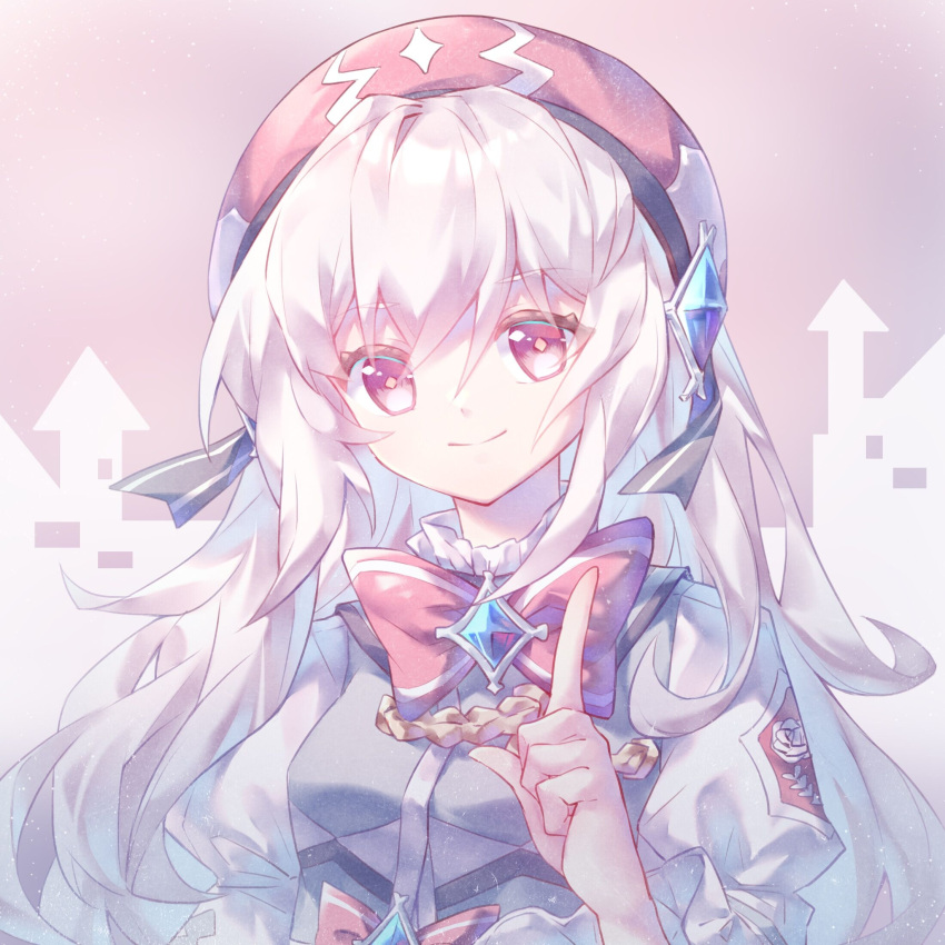 1girl, arcaea, blue_gemstone, bow, bowtie, breasts, closed_mouth, commentary_request
