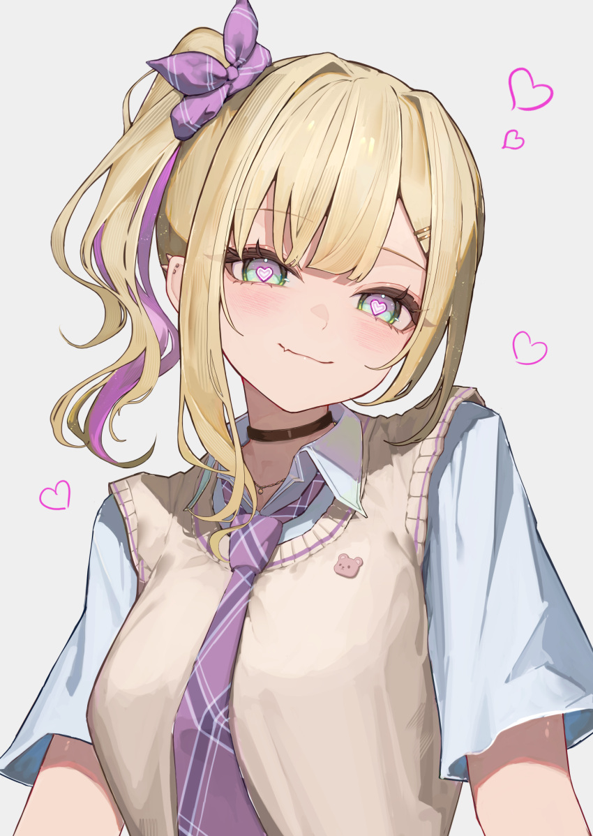 1girl, black_choker, blonde_hair, blush, breasts, choker, closed_mouth, collared_shirt