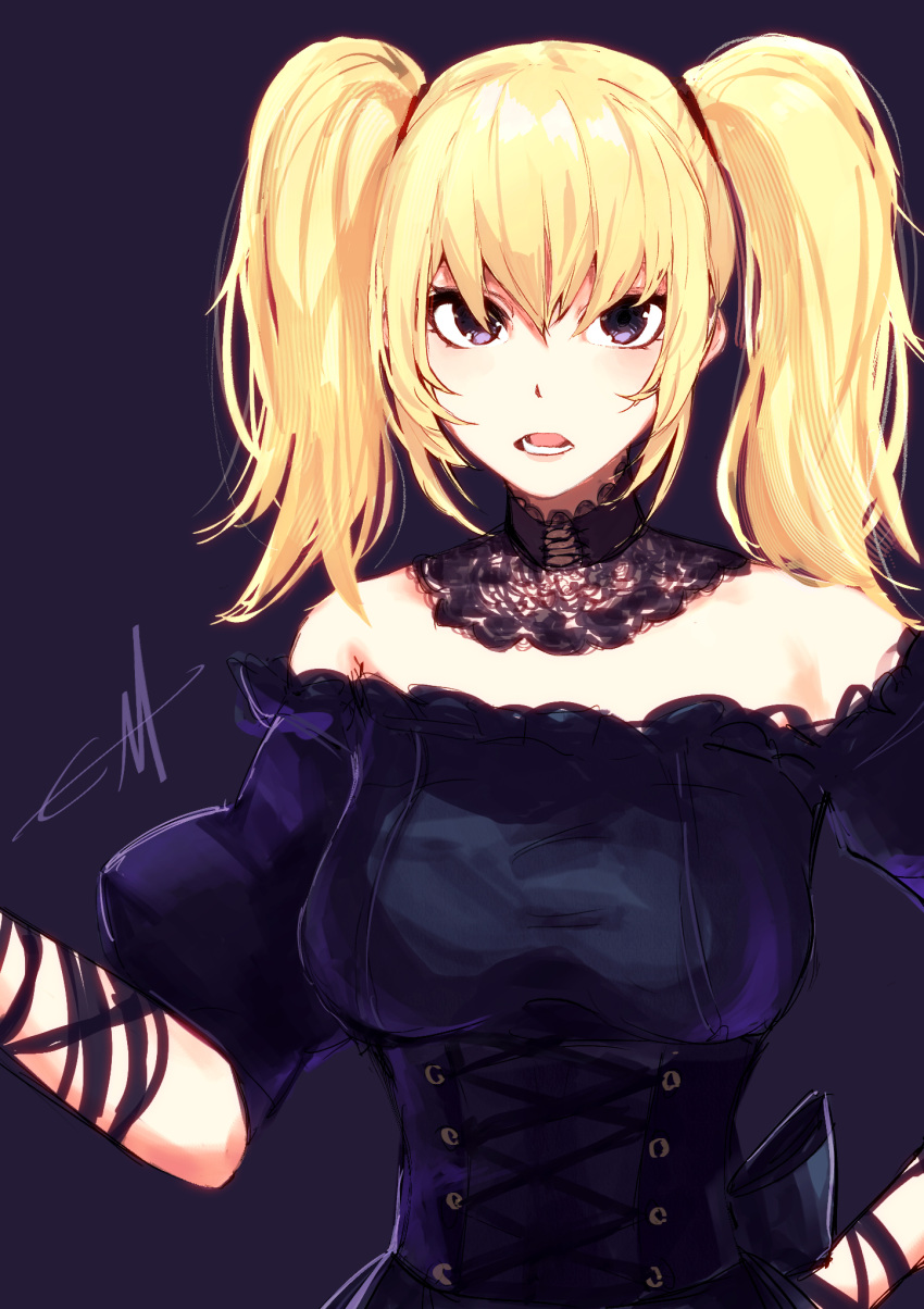 1girl, ani_(xai), bare_shoulders, black_dress, blonde_hair, d:, dress, ema_ema39