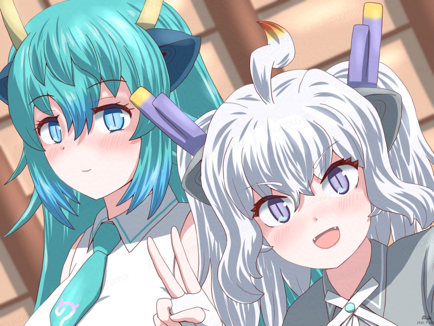 2girls, bare_shoulders, blue_dragon_(kemono_friends), blue_eyes, blue_hair, blue_necktie, blush, bow